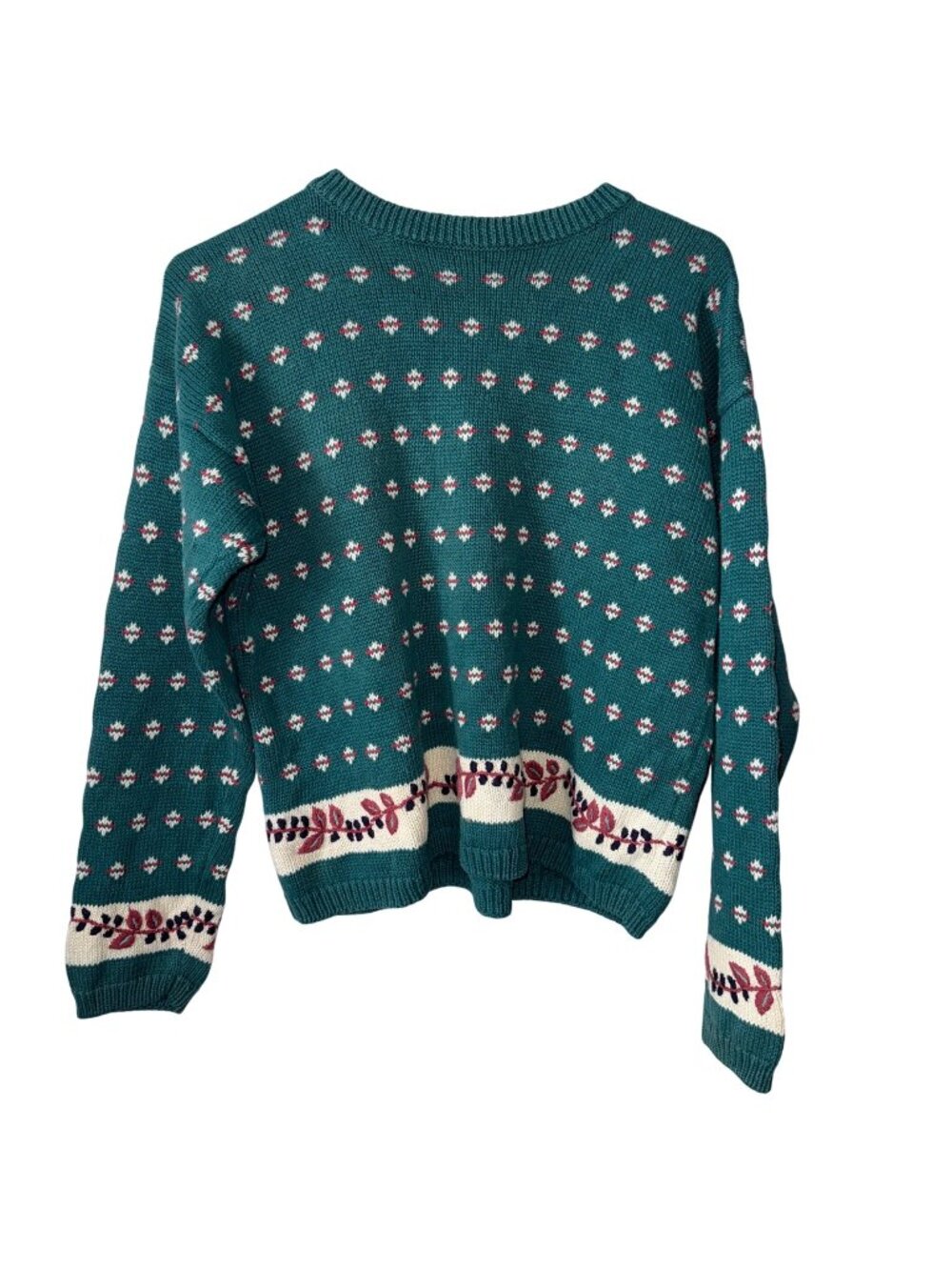 Cape Isle Knitters Vintage Teal Fair Isle Knit Sweater Hand Embroidered Small